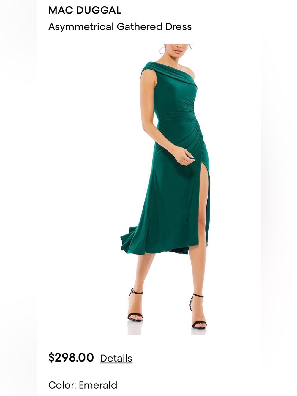 Emerald One-Shoulder Ruched Midi Dress with Side Slit
